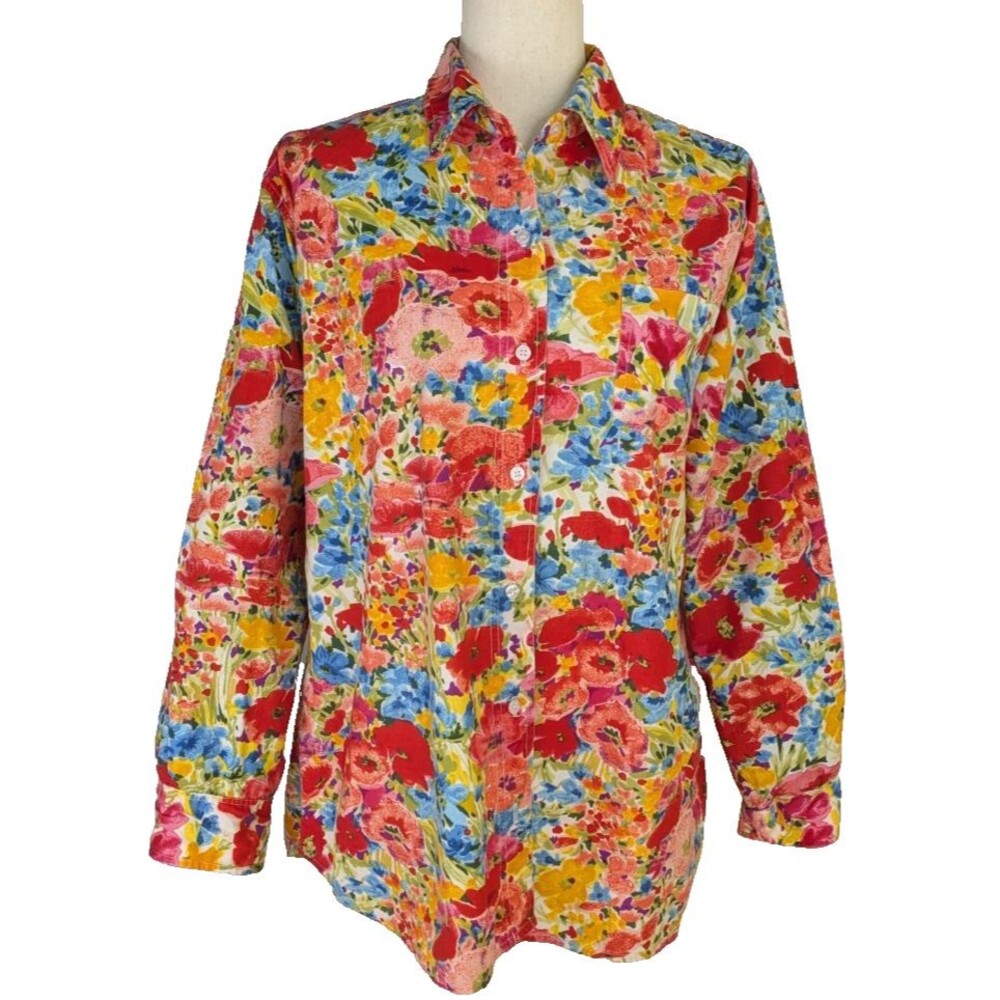 VTG Newport News Jeanology Size LG 100% Cotton Floral Button Front Shirt